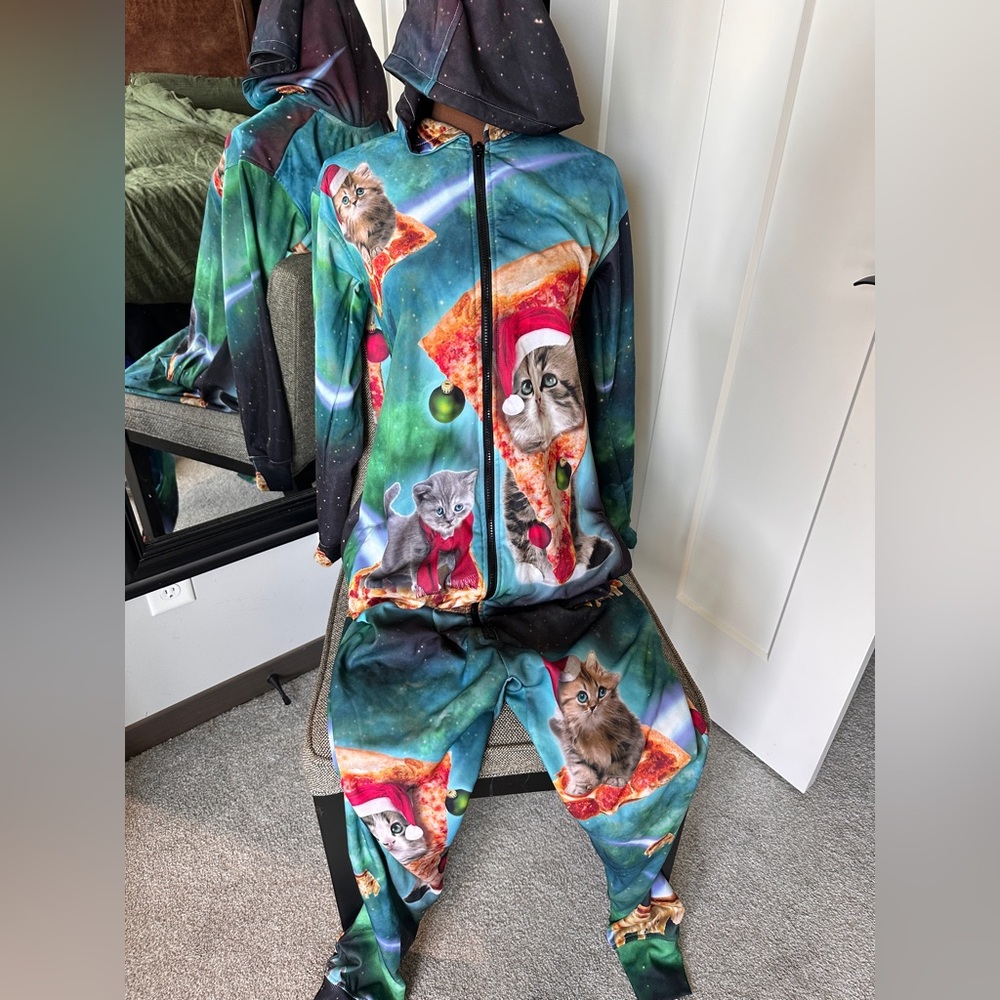 RageOn! Cat Pizza Galaxy Hooded One Piece Jumpsuit unisex -C